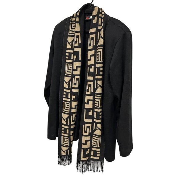 Mattie Black Beige Geometric Pattern Long Cardigan Jacket Fringe Scarf Sz Large - Picture 3 of 9
